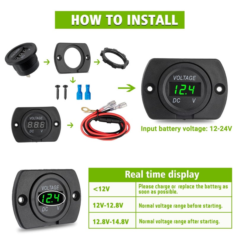 EPLZON 3 Pack DC 12V 24V Waterproof Car Voltmeter with LED Digital Display Panel and Mounting Plate Round Voltage Gauge Meter with Terminal for Boat Marine Motorcycle Truck(Red Green Blue Light) - Image 3